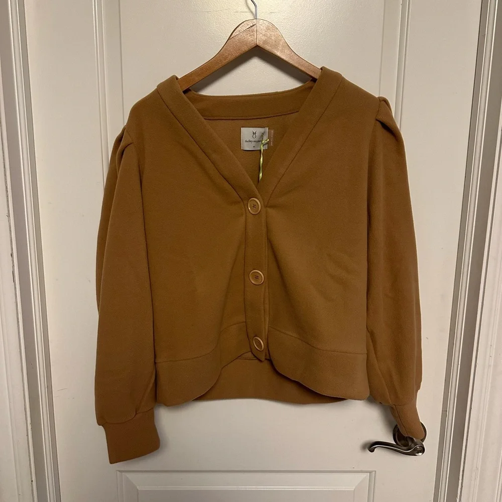 Dudley Stephens Kelly Puff Sleeve Cardigan size M Camel Vello Fleece NWT - Picture 2 of 7